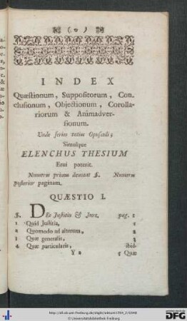 Index Qaestionum, Suppositorum, Conclusionum, Objectionum, Corollariorum et Animadversionum.