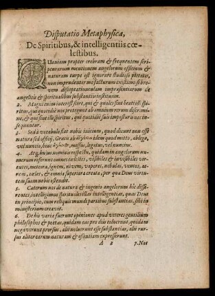 Disputatio Metaphysica, De Spiritibus, & intelligentiis coelestibus.