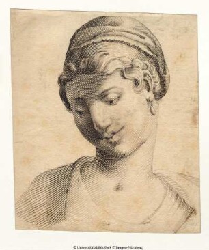 Brustbild einer Frau mit einer runden Mütze, von vorn, mit nach links geneigtem Haupt