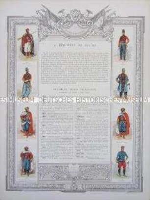 Uniformdarstellung, Rüstungen und Uniformen von Soldaten des 3. Sipahi-Reiter-Regiments und Zeittafel von Schlachten und Belagerungen mit Beteiligung dieses Regiments, Frankreich, 1832-1893.