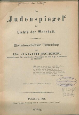 Der "Judenspiegel" im Lichte der Wahrheit : eine wissenschaftliche Untersuchung