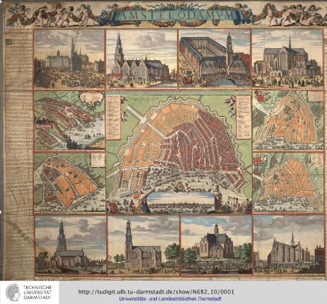 Amstelodamum. [Mit:] Descriptio Amstelaedami, Emporii toto orbe celeberrimi. [Mit:] Beschrijvinge der wijtvermarde Koopstadt Amsteldam. [Mit:] Description De la tres-celebre & renommée ville Marchande D' Amsteldam. Geteeckent ende op't is papier gebracht door Daniel Stalpaert Stads Architect. Gedrukt by Nicolaes Visscher.