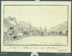 Tharandt, Blick über den Schlossteich in das Tal der Wilden Weißeritz, im Hintergrund das Kurbad (Kaltwasser-Heilanstalt)