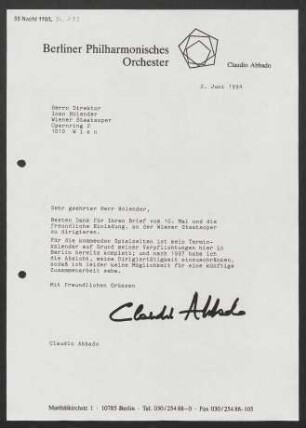 Brief an Ioan Holender an Wiener Staatsoper, 02.06.1994