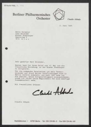 Brief an Ioan Holender an Wiener Staatsoper, 02.06.1994
