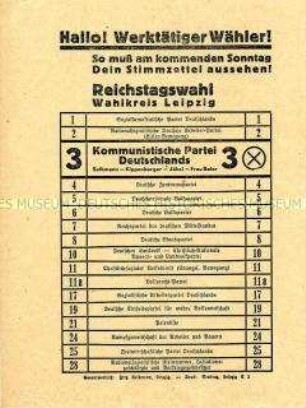 Wahlaufruf der KPD zur Reichstagswahl am 31. Juli 1932 im Layout eines Stimmzettels