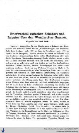 Briefwechsel zwischen Schubart und Lavater über den Wundertäter Gassner.