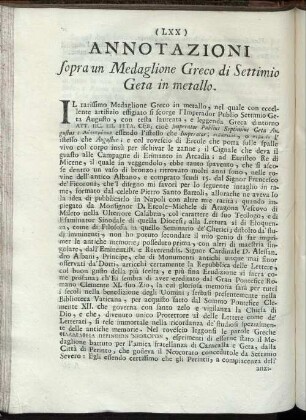 Annotazioni sopra un Medaglione Greco di Settimio Geta in metallo.