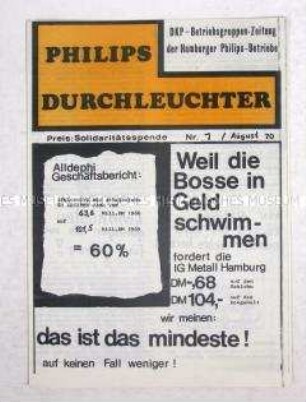 Zeitung der DKP-Betriebsgruppe der Hamburger Philips-Betriebe u.a. zum Kampf um Lohnerhöhungen und zum Abschluß des Vertrages zwischen der Bundesrepublik und der UdSSR