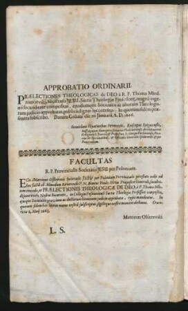 Approbatio Ordinarii. [und] Facultas.
