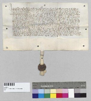 Konrad der Berger, Bürger zu Landshut, und seine Ehefrau verkaufen Konrad dem Gruber zwischen den Brücken, Bürger zu Landshut, ihre Hofstätte, Point und Wiese zu Piflas. S: Karl der Hütel, Bürger zu Landshut