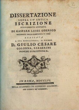 Dissertazione sopra un'antica Iscrizione ...