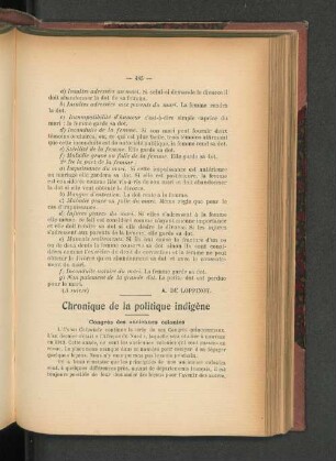 Chronique de la politique indigène.
