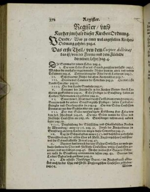 Register/ und Kurtzer innhalt dieser Kirchen Ordnung.