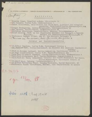 Namens- und Adressliste diverser Cellisten, Kritiker und Musikwissenschaftler