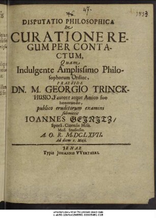 Disputatio Philosophica De Curatione Regum Per Contactum