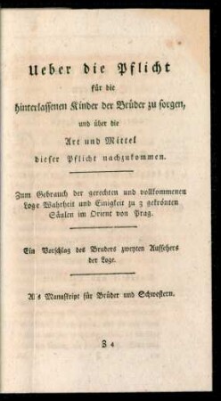 Ueber die Pflicht für die hinterlassenen Kinder der Brüder zu sorgen, und über die Art und Mittel dieser Pflicht nachzukommen