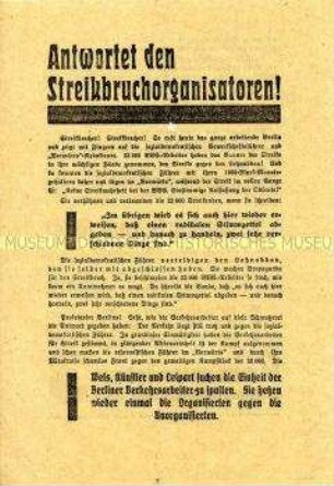 Propagandaflugblatt der KPD zur Reichstagswahl am 6. November 1932 mit scharfer Polemik gegen die Haltung der SPD im Berliner BVG-Streik