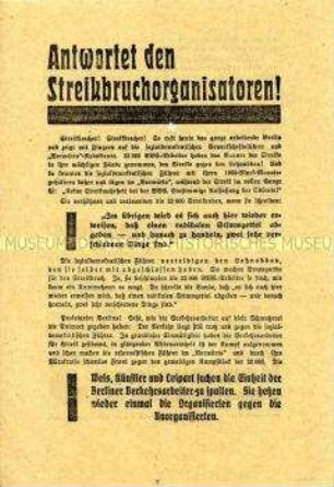 Propagandaflugblatt der KPD zur Reichstagswahl am 6. November 1932 mit scharfer Polemik gegen die Haltung der SPD im Berliner BVG-Streik