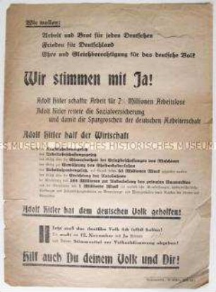 Propagandaflugblatt zur Volksabstimmung über den "Anschluss" Österreichs und die Politik der Hitler-Regierung