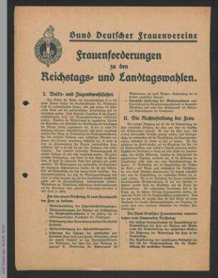Frauenforderungen zu den Reichstags- und Landtagswahlen