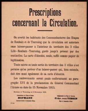 "Prescriptions concernant la Circulation" (Erlaubnis des Fahrens ohne Passierschein in Lille, Tourcoing und Roubaix) (No. 261)