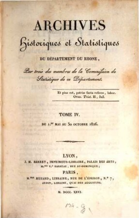 Archives historiques et statistiques du Département du Rhône. 4. 1826