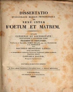 Diss. inaug. med.-physiol. de nexu inter foetum et matrem : cum 2 tab. lith.