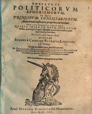 Thesaurus politicorum Aphorismorum : Adiunguntur eiusdem notae sive dissertationes in Onosandri Strategicum