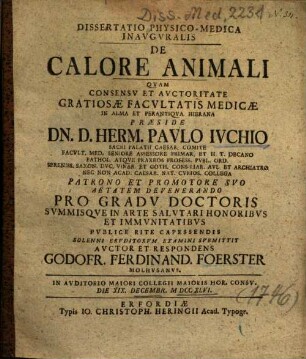 Dissertatio Physico-Medica Inavgvralis [Inauguralis] De Calore Animali