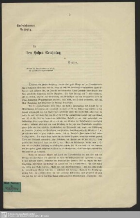 An den Hohen Reichstag zu Berlin : Petition der Handelskammer Leipzig, die Tabaksteuervorlagen betreffend
