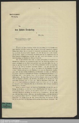 An den Hohen Reichstag zu Berlin : Petition der Handelskammer Leipzig, die Tabaksteuervorlagen betreffend