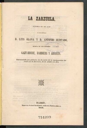 La zarzuela : alegoría en un acto