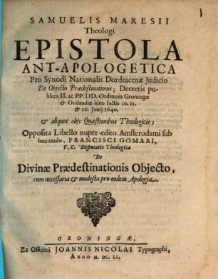 Epistola Ant-apologetica pro Synodinationalis Dordracenae Iudicio de obiecto Praedestinationis