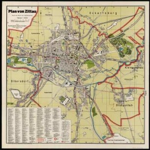 Plan von Zittau , 1:10 000, Lithographie, 1930 : Plan von Zittau / nach Plänen des Stadtbauamtes. - [1930]. - 1:10 000. - Zittau : Haupt u. Schwager, [1930]. - Zittauer Morgen-Zeitung. - 1 Kt. : Lithogr. ; 50,0 x 49,7 cm. - Mit Straßenverz.