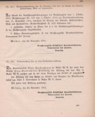 Nr. 241: Ministerialverordnung vom 23. November 1915 über die Einfuhr von Getreide, Hülsenfrüchten, Mehl und Futtermitteln