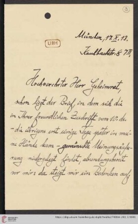 Korrespondenz Rudolf Unger / Heinrich Rickert: Brief von Rudolf Unger an Heinrich Rickert