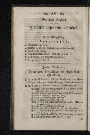 Genauere Anzeige von dem Innhalte dieses Gesangbuches.