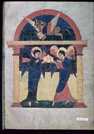 Kommentar zur Apokalypse des Johannes aus Saint-Sever — Der Lukas-Stier und zwei Engel, Folio 4 recto