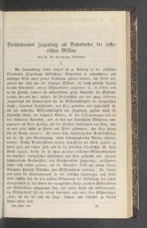 Bartholomäus Ziegenbalg als Bahnbrecher der lutherischen Mission
