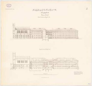Strafgefängnis, Frankfurt/Main Haupthaus - Männeranstalt: Aufriss Seitenansicht, Längsschnitt 1:200