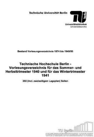 Vorlesungsverzeichnis für das Sommer- und Herbsttrimester 1940 und für das Wintertrimester 1940-1941
