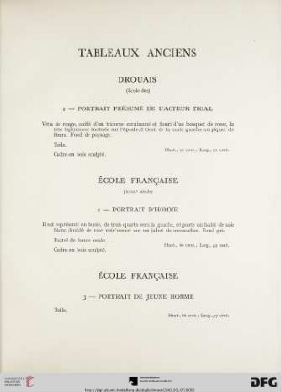 Tableaux anciens (Nr. 1-15) avec planche I-V
