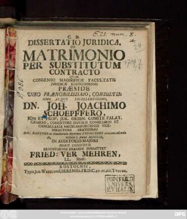 Dissertatio Juridica, De Matrimonio Per Substitutum Contracto