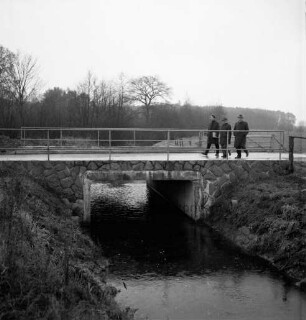 Kreisstraße Richtung Stubben (Kreis Segeberg): Brücke über Bisnitz bei Stubbenkoppel: Abnahme der neuen Straße durch Abnahmekommission: hinten Wald