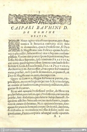 Caspari Bauhini D. de Homine Oratio.
