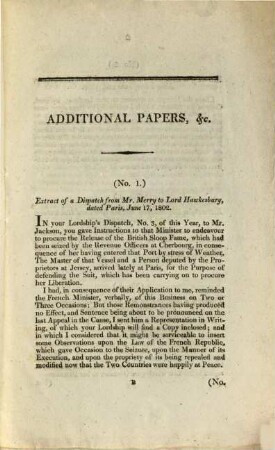 Additional Paper : presented to the house of commons