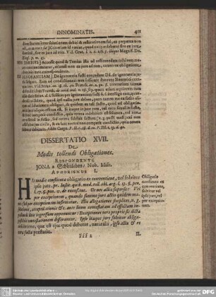 Dissertatio XVII. De Modis tollendi Obligationes. Respondente Jona a Schönleben, Nob. Misn
