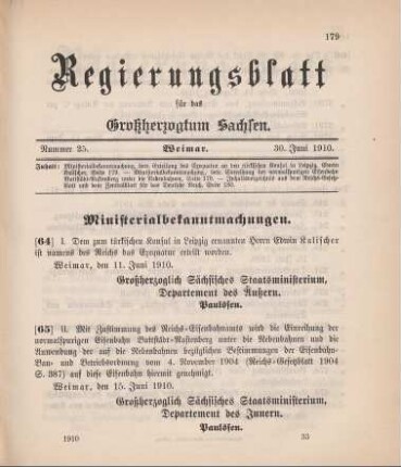 Nr. 65: Ministerialbekanntmachung, betreffend Einreihung der normalspurigen Eisenbahn Buttstädt-Rastenberg unter die Nebenbahnen