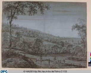 Hügelige Landschaft mit zwei Reitern und vier Wanderern